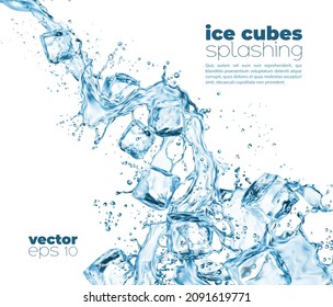 Blue water wave cascade splashes and crystal ice cubes realistic 3d vector. Pouring water swirl, transparent clean liquid or cold drink flow with splashing drops isolated on white background