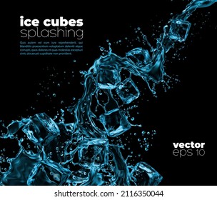 Blue Water Wave And Cascade Splashes With Crystal Ice Cubes. Pouring Cooled Cocktail Drink, Pure Water Or Soda With Ice 3d Realistic Vector Background, Backdrop With Flying Aqua Splatters And Droplets