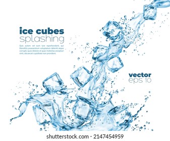 Blue water wave cascade splashes and crystal ice cubes. Vector 3d realistic liquid wave, transparent falling iced blocks and melting droplets. Fresh drink and frozen ice pieces with splatters