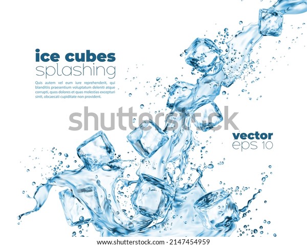 Blue water wave cascade splashes and crystal\
ice cubes. Vector 3d realistic liquid wave, transparent falling\
iced blocks and melting droplets. Fresh drink and frozen ice pieces\
with splatters