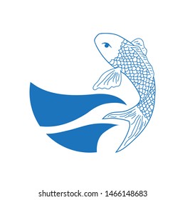 blue water wave and fish, vector art