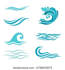 Blue water wave icons representing fluid motion, sea energy, and natural aquatic themes.