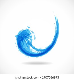 Blue water wave logo. Abstract colorful ink splash. Eco fluid stream template. Vector aqua grunge design.
