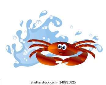 Blue water wave and orange cartoon crab