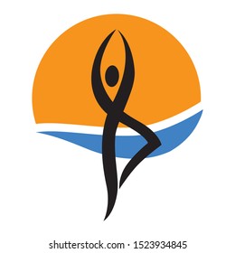 blue water wave, orange sun and abstract human figure, vector