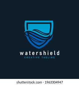 Blue Water Wave and Shield Combination Logo Design. Vector Logo Illustration.