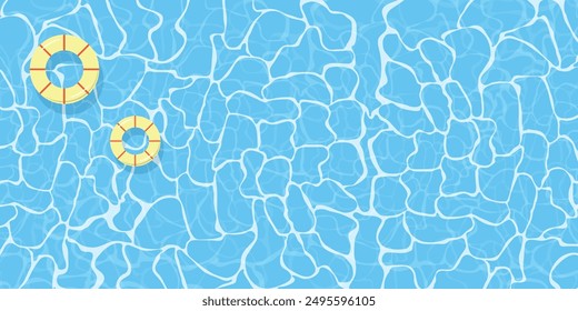 Blue water wave top view. Balls, rubber rings. travel background pattern.