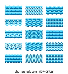 Blue water wave vector tiles set for seamless patterns and textures