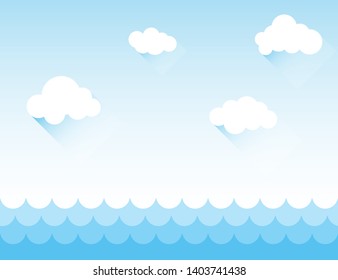 Blue water wave with white clouds and blue sky abstract background in flat design vector illustration.