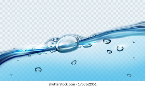 Blue water waves with air bubbles and sunbeams on transparent background. Vector illustration