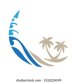 blue water waves. beach sand and palms as a part of abstract crescent moon. vector logo icon.