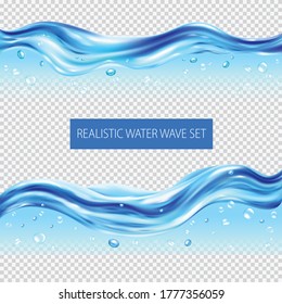 Blue water waves and drops realistic set isolated on transparent background vector illustration