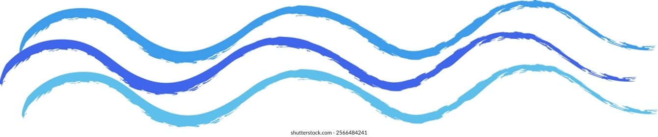 Blue water waves hand drawn style. Waves in doodle style. Stylized waves in three rows isolated from background. Vector illustration