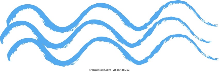Blue water waves hand drawn style. Waves in doodle style. Stylized waves in three rows isolated from background. Vector illustration