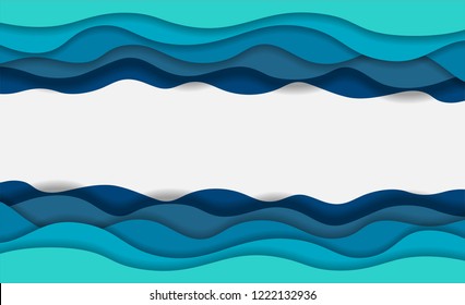 Blue Water Waves Layered Art Paper Card. 3D Origami Design. Vector Illustration