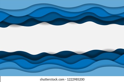 Blue Water Waves Layered Art Paper Card. 3D Origami Design. Vector Illustration