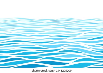 Blue water waves perspective landscape. Vector horizontal seamless pattern. 
