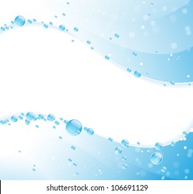 Blue water waves with  shiny bubbles. Clear water background.