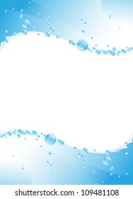 Blue water waves with  shiny bubbles. Clear water background with place for text