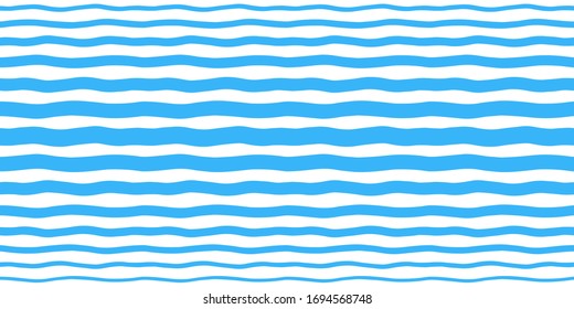 Blue water waves, wavy stripes seamless repeat striped vector background. Undulating streaks, uneven bars, lines pattern. Horizontal border template. Marine, maritime, naval summer, holiday template.