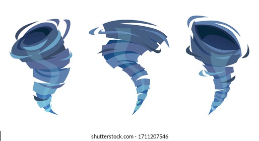 Blue Water Whirlwind Swirling And Moving Upward Set Vector Illustration. Rotating Twister Flat Style Design. Tornado Of Liquid Collection. Isolated On White Background