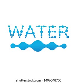 blue water word in molecule structure with wave fluid design, abstract vector symbol isolated on white background.