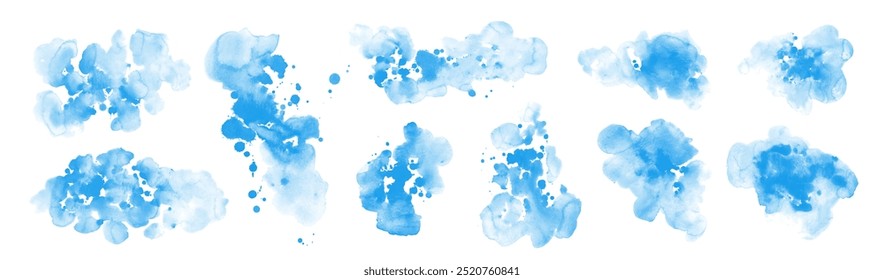 Blue watercolor abstract background, form, design element. Colorful hand painted texture, wash. Absttract clouds, sea, water texture. 