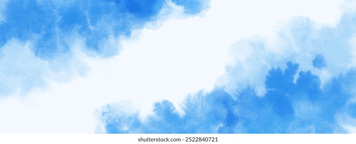Blue watercolor abstract background, wallpaper, design element. Colorful hand painted texture, wash. Abstract clouds, sea, water drops texture. 