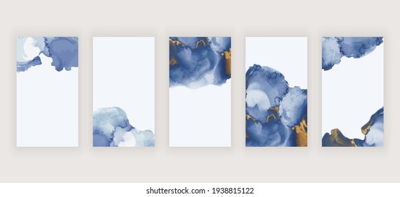 Blue watercolor alcohol ink backgrounds for social media stories banners