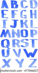 Blue watercolor alphabet in vector for print, fabric, wrapping, kraft