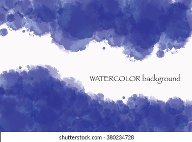 Blue watercolor background. Blue clouds with white