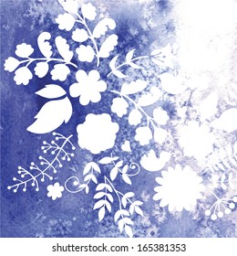 Blue watercolor background with flowers Vector illustration. Element for print design.