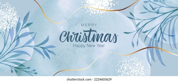 Blue watercolor background with plants, leaves, branches, golden lines. Holiday card design.