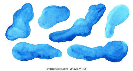 Blue watercolor background. Set of watercolor stains , blots, clouds , washes for design. 