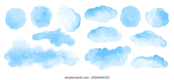 Blauer Aquarellhintergrund. Set von Aquarell-Flecken, Flecken, Wolken, Waschungen für Design. 