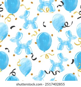 Blue watercolor balloons seamless pattern. Vector party illustration. Celebration background