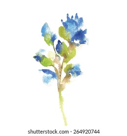 Blue watercolor blooming flower with leaves and bud, spring.