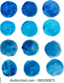 Blue watercolor blotch. Set of blue watercolor circles. Vector natural blue watercolor labels and shapes on transparent background. Hand drawn painted stains set.