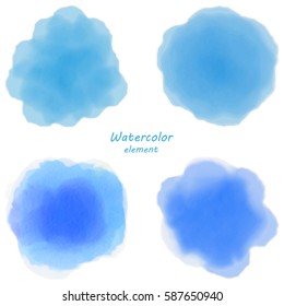 Blue watercolor blotch. Set of blue watercolor circles. Blue swirling watercolor blobs.