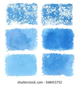 Blue watercolor blotch. Set of blue watercolor rectangles. Blue watercolor backgrounds. Blue textures made by sponge