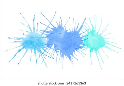 Blue watercolor blots, stains, water spots with splashes, splatter vector text background. Salute shape watercolour, paint stains. Hand drawn aquarelle graphic design element, border, banner template.