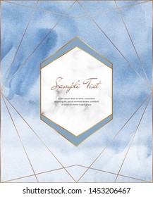 Blue watercolor brush stroke card with gold polygonal lines and geometric frame. Modern template for wedding invitation, greeting, banner, flyer, poster, save the date
