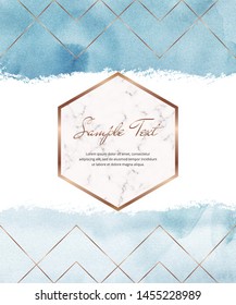 Blue watercolor brush stroke card with gold polygonal lines and geometric frame. Modern template for wedding invitation, greeting, banner, flyer, poster, save the date
