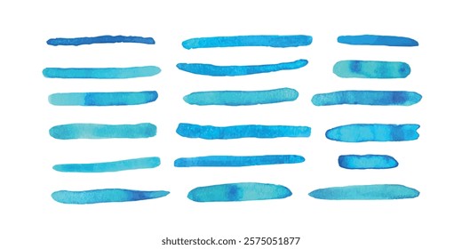 Blue watercolor brush strokes. Abstract grunge color paint textures. Banner art collection. Multicolored aquarelle stains border template.