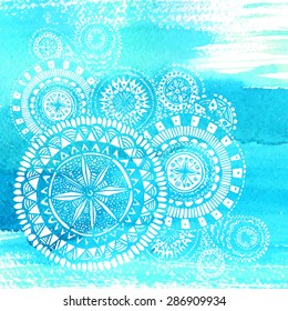 Blue watercolor brush strokes with white hand drawn mandalas - round doodle Indian elements. Vector summer design.