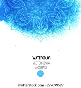 Blue watercolor brush wash with pattern - round tribal elements. Vector ethnic design in boho style.