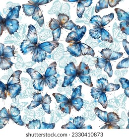 Blue watercolor butterflies seamless pattern. Vector illustration