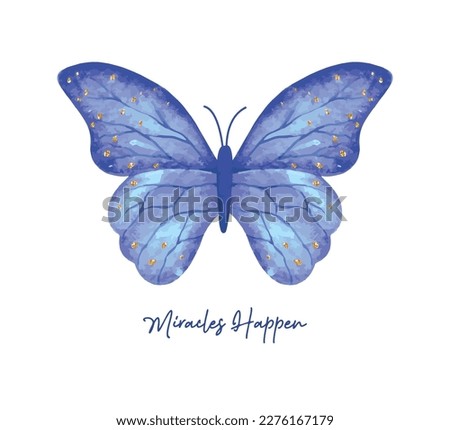 Blue watercolor butterfly with gold glitter ornaments, hand drawn vector design, fashion, poster and card prints