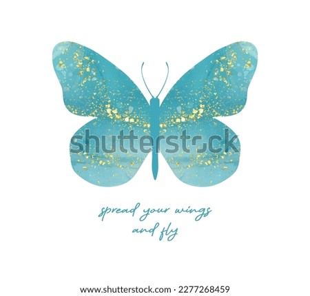 Blue watercolor butterfly with gold glitter ornaments, hand drawn vector design, fashion, poster and card prints