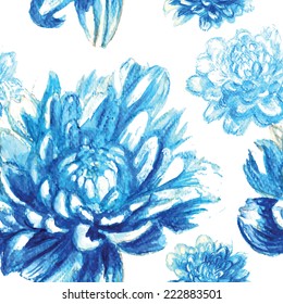 blue watercolor chrysanthemum vector pattern